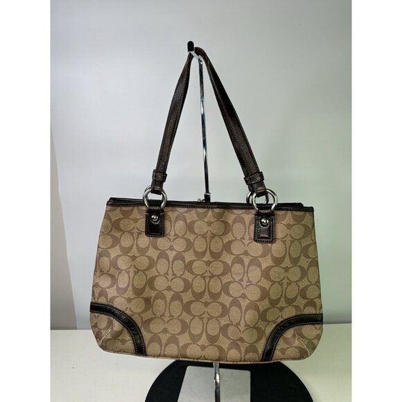 Coach Brown Peyton Signature Logo Heritage Handbag Leather Tote EUC - Picture 2 of 11